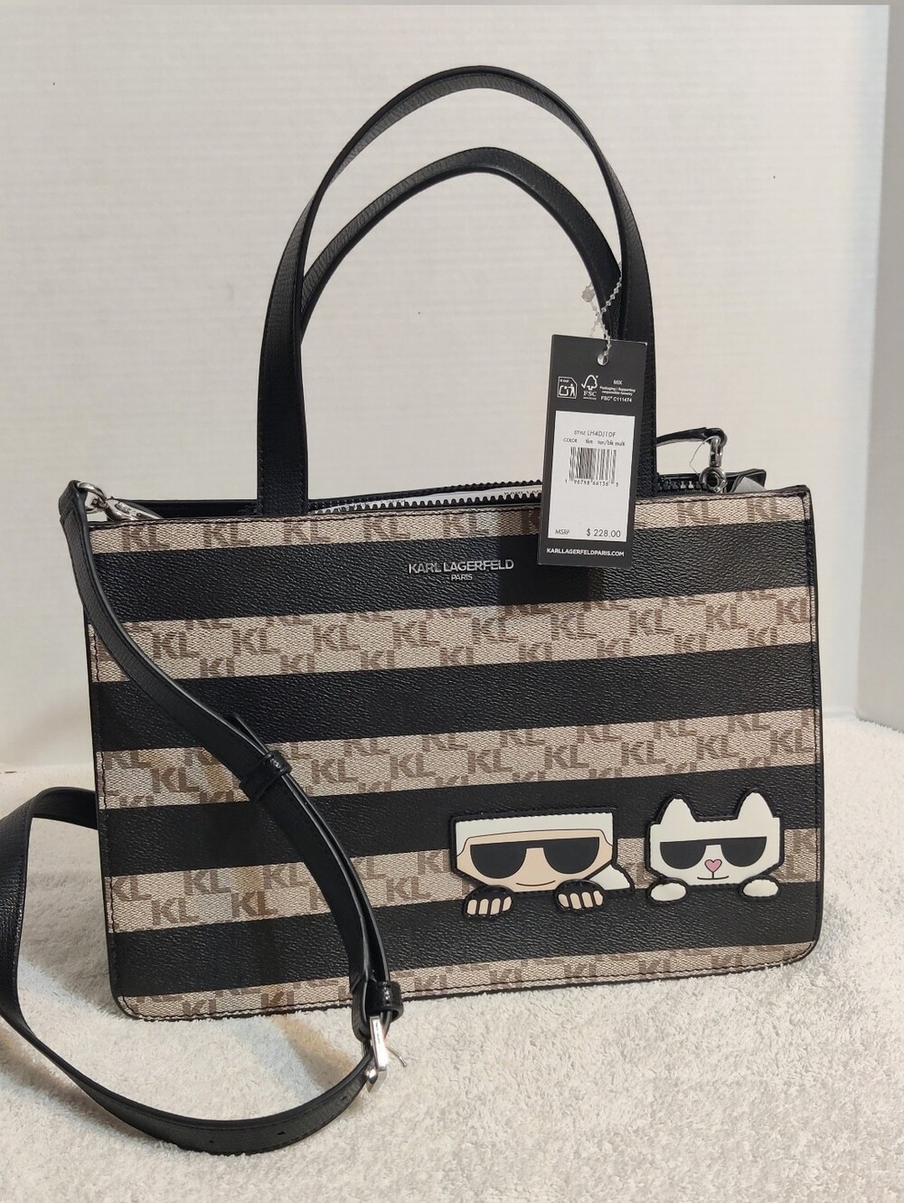 Karl Lagerfeld Black & Beige KL Logo Stripe Tote.